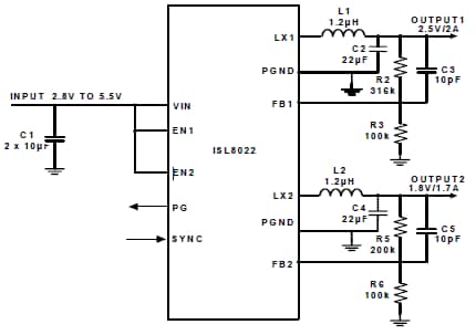 Renesas Electronics ISL8022 Dual 2A / 1.7A Synchronous Buck Regulator