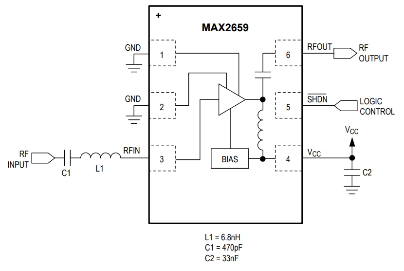 Block Diagram - Analog Devices / Maxim Integrated MAX2659 GPS/GNSS Low-Noise Amplifier Chip
