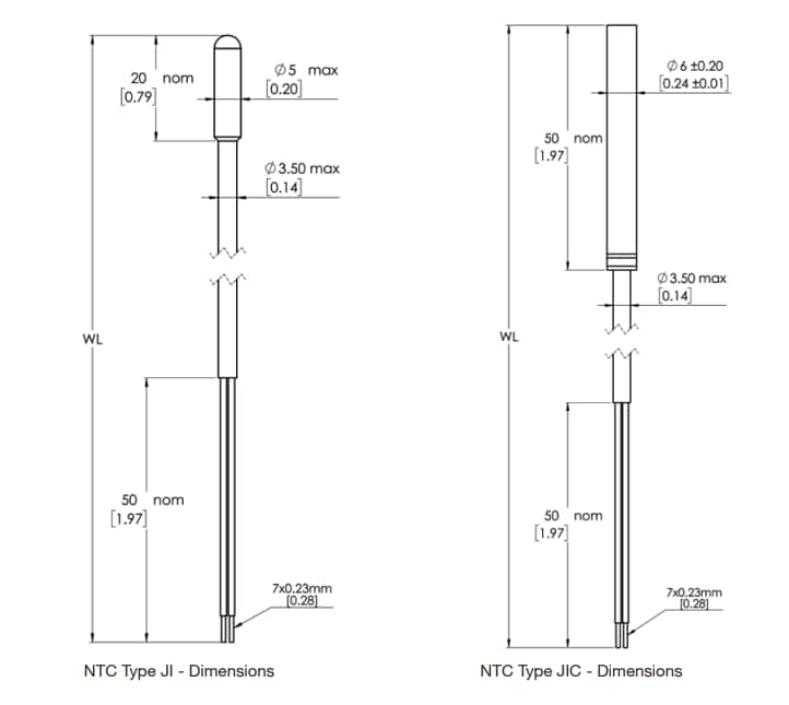 Mechanical Drawing - Amphenol Advanced Sensors JI/JIC Waterproof IP68 NTC Thermistors