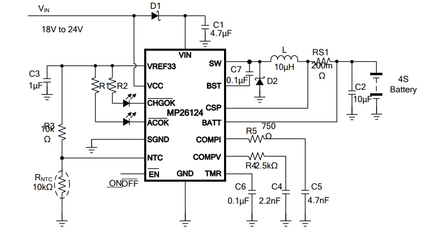Application Circuit Diagram - Monolithic Power Systems (MPS) MP26124 4S Cell Li-Ion Battery Chargers