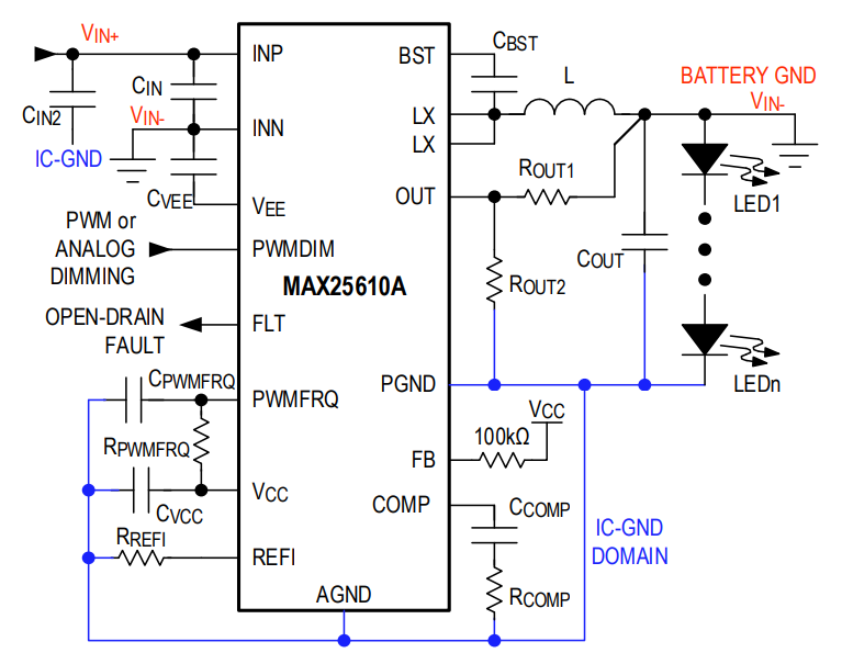 Application Circuit Diagram - Analog Devices / Maxim Integrated MAX25610x Buck & Buck-Boost LED Drivers
