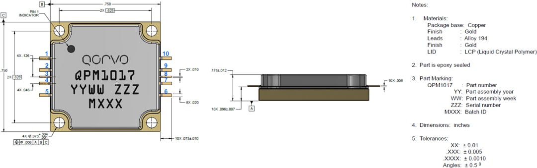 Mechanical Drawing - Qorvo QPM1017 5.7GHz to 7.0GHz 100W GaN Power Amplifier