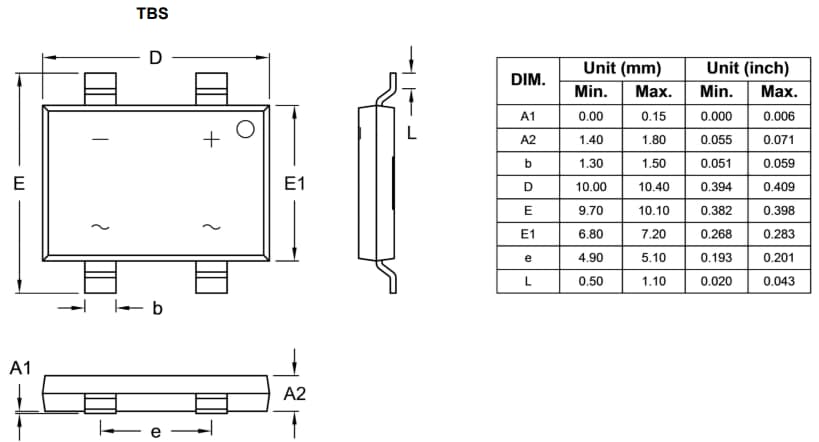 Mechanical Drawing - Taiwan Semiconductor RTBS40M Fast Recovery Bridge Rectifier