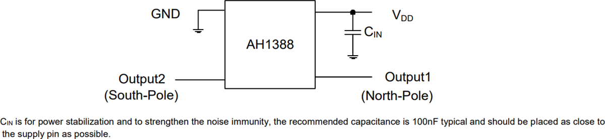 Application Circuit Diagram - Diodes Incorporated AH1388 Dual-Output Unipolar Hall Effect Switch