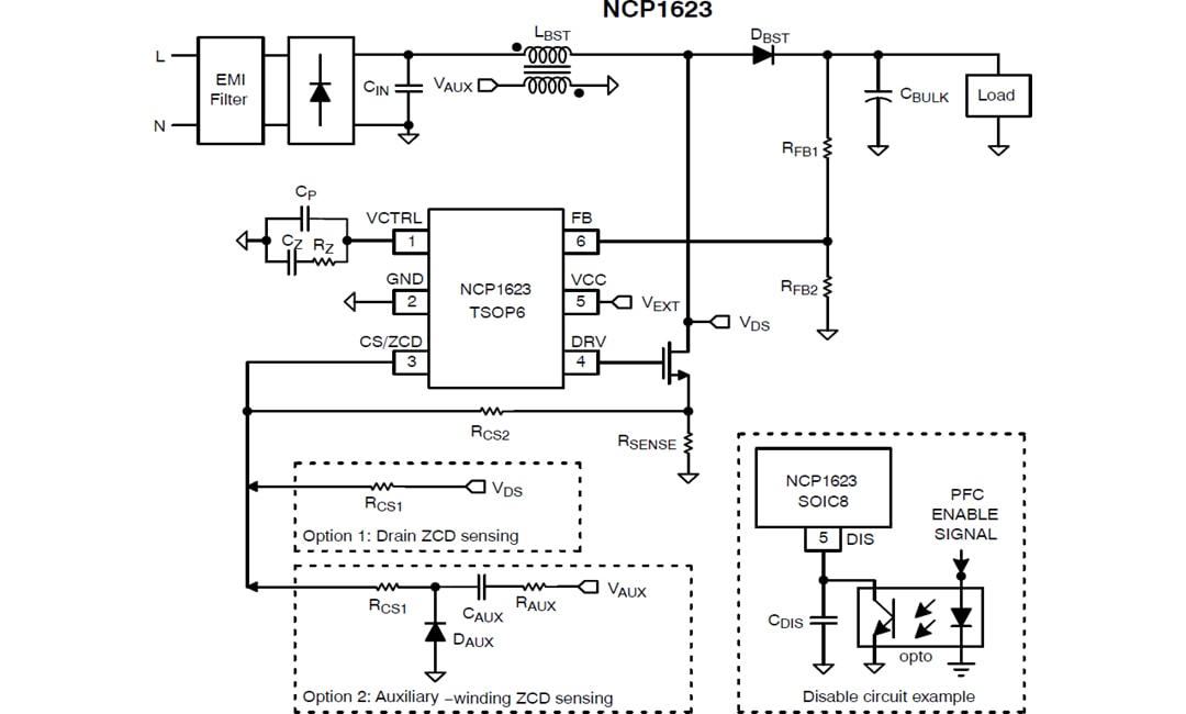 Application Circuit Diagram - onsemi NCP1623 CrM Power Factor Controller