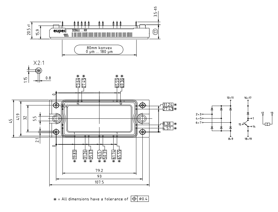 Mechanical Drawing - Infineon Technologies DDB6U134N16RR IGBT Silicon Modules