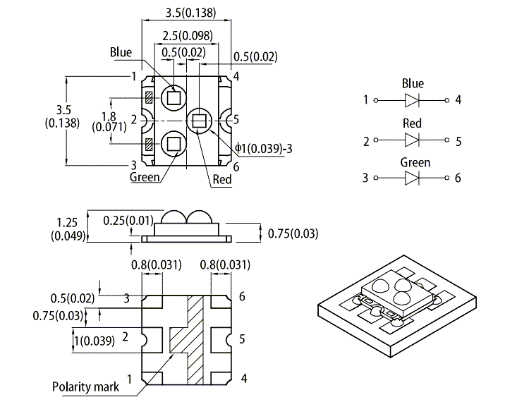 Mechanical Drawing - Kingbright Tri-Dome Lens RGB SMD LED