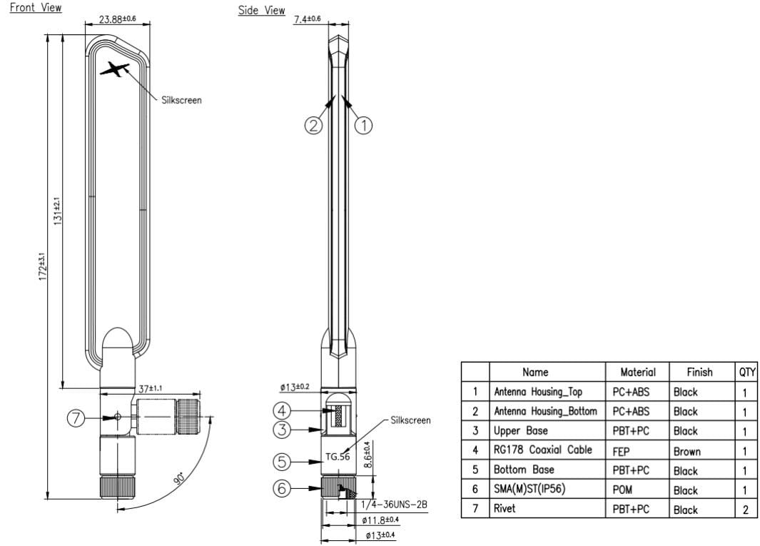 Mechanical Drawing - Taoglas TG.56.8113 5G/4G IP66 Monopole Antenna