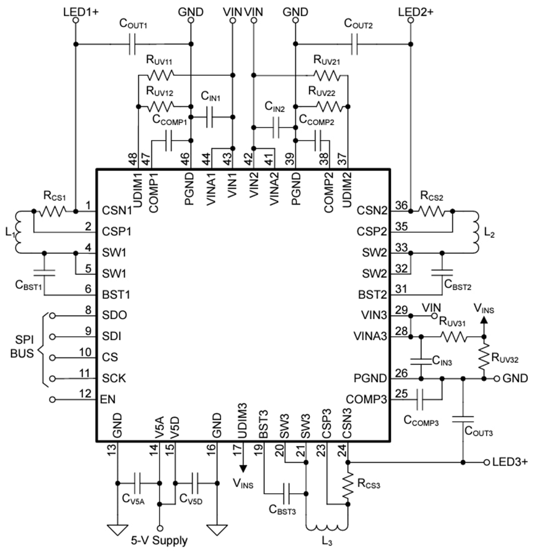 Schematic - Texas Instruments TPS92530-Q1 3-Channel Synchronous Buck LED Driver
