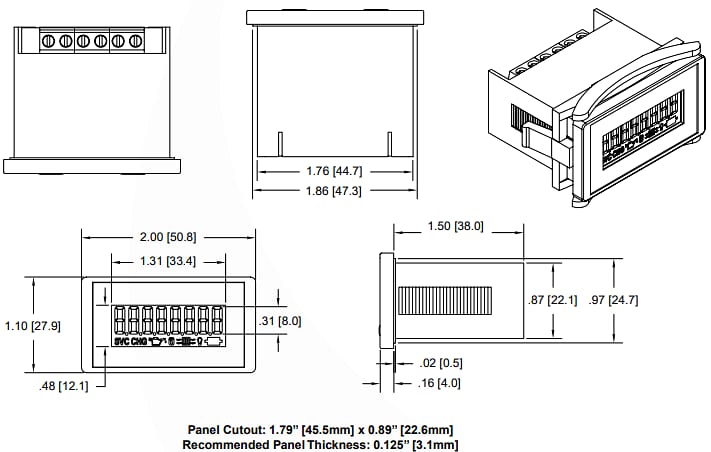 Mechanical Drawing - Trumeter Model 6320 Electronic LCD Hour Meters