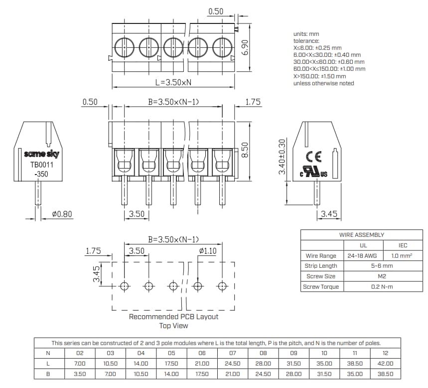 Mechanical Drawing - Same Sky TB0011-350 Terminal Blocks