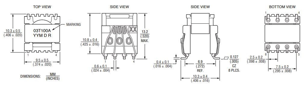 Mechanical Drawing - Bourns HVMA03T100A-ST10S Gate Driver Transformers
