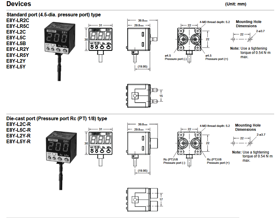 Mechanical Drawing - Omron Electronics E8Y-L Micropressure Sensors with Digital Display