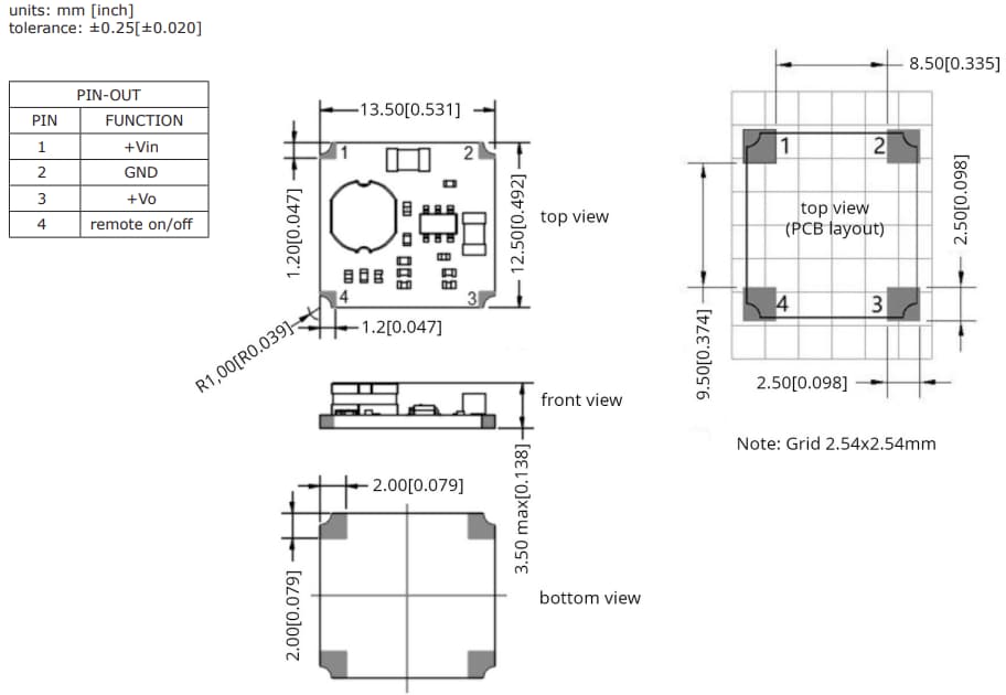 Mechanical Drawing - CUI Inc PXO78C-500-M Non-Isolated Switching Regulators
