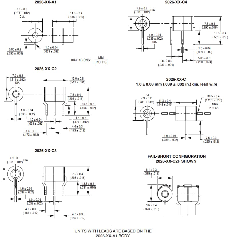 Mechanical Drawing - Bourns 2026 Series 3-Pole Gas Discharge Tubes (GDTs)