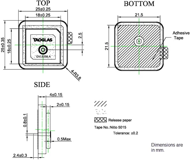 Mechanical Drawing - Taoglas GVLB256.A GPS/GLONASS/BeiDou Antenna