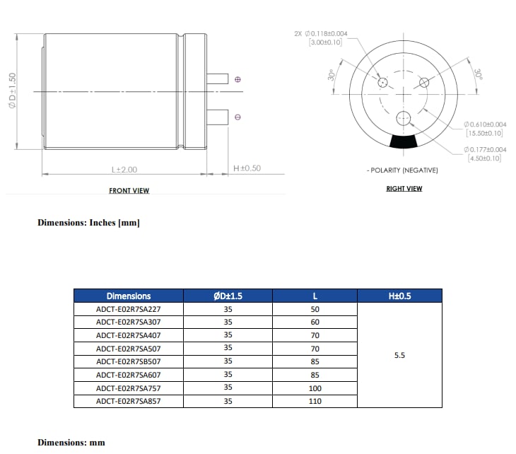 Mechanical Drawing - Abracon ADCT-E02R7S High-Capacitance EDLC Supercapacitors