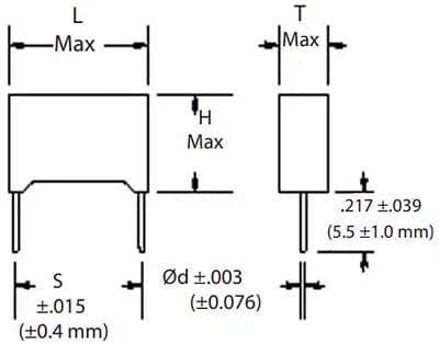 Mechanical Drawing - Cornell Dubilier / Knowles 167 Series Radial Box Metallized Capacitors