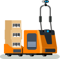 Animation of an autonomous robot moving a box across a warehouse.