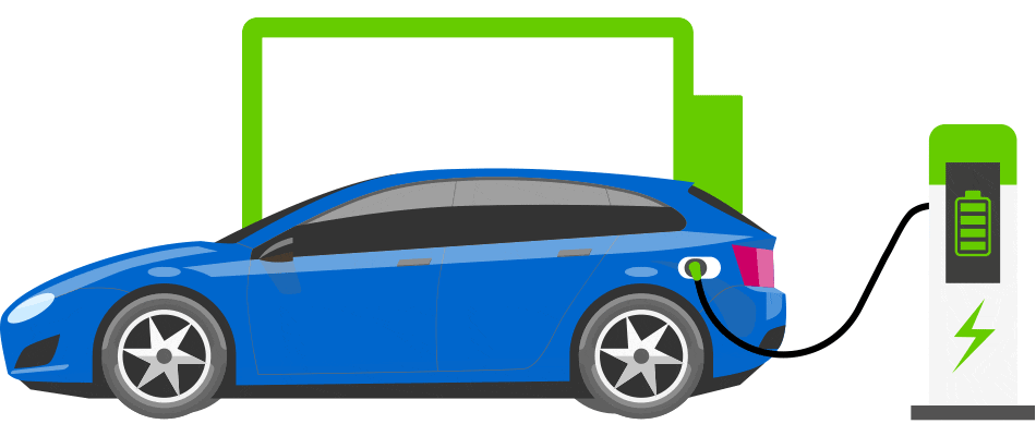 animation of a battery for an electric car being filled while plugged into a charging station