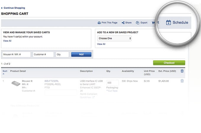 Mouser Shopping Cart Schedule Order button highlighted on shopping cart page.
