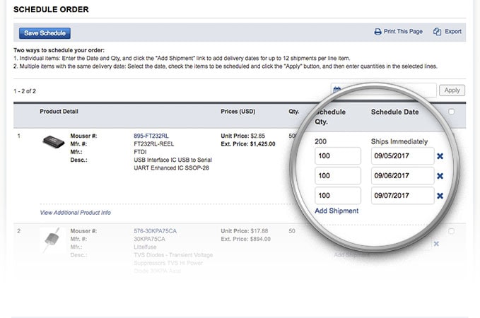 Delivery Schedule Delivery date scheduling area on shopping cart.